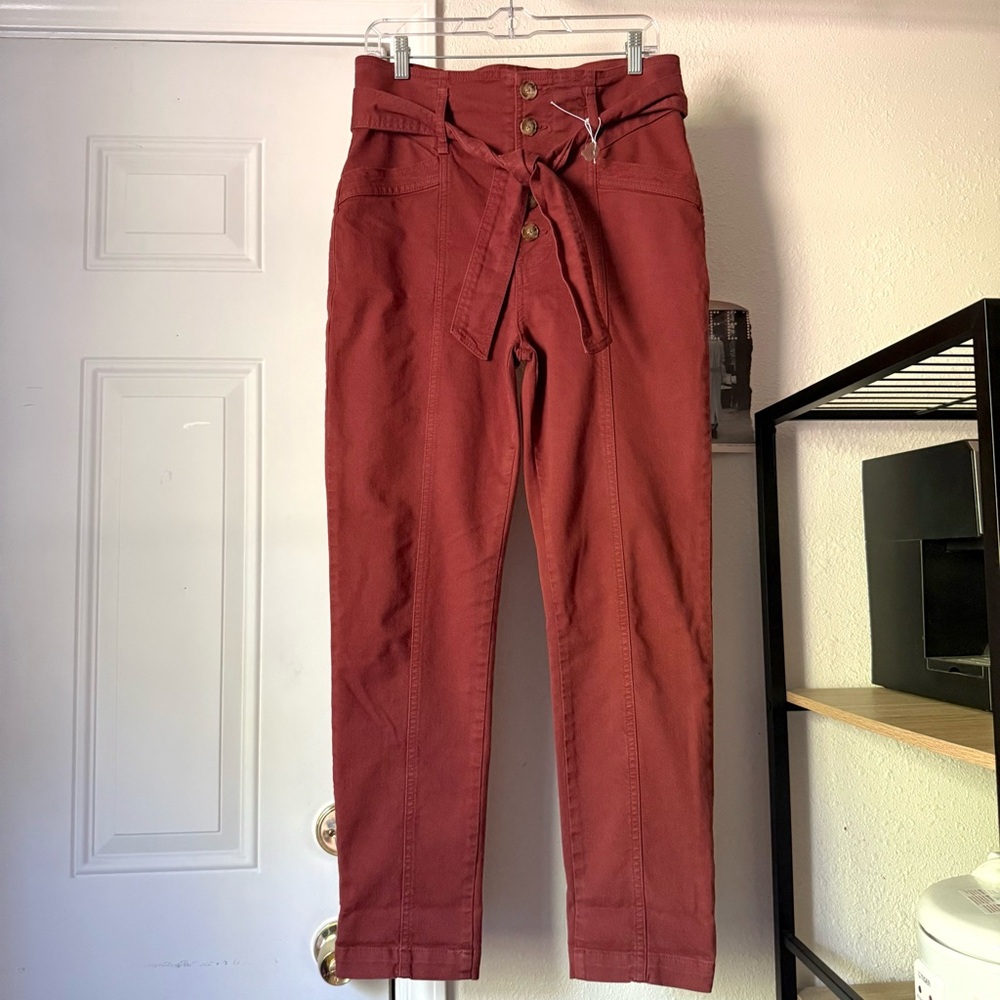 SEZANE rust belted button fly high rise cropped trousers‎